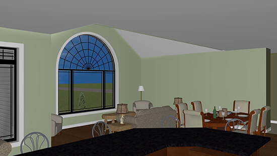 Dining and living room with cathedral ceiling and large round top window